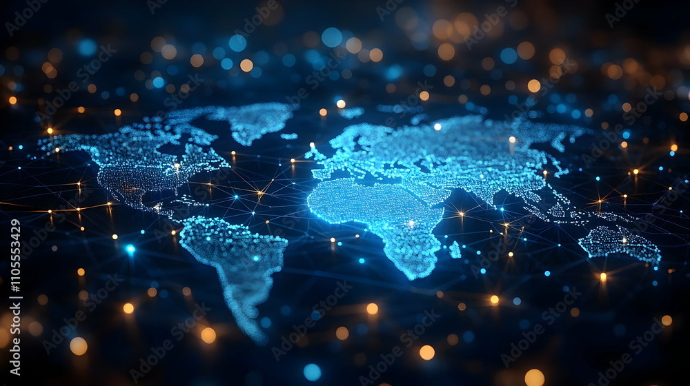 Poster global network: digital connections illuminate the world map