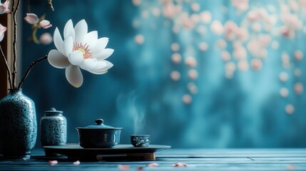 Steaming teacup and white lotus flower creating a tranquil atmosphere