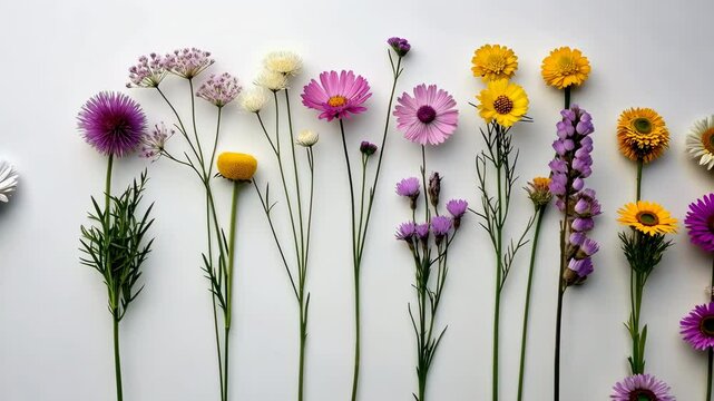 A row of flowers with a variety of colors including purple, yellow, and white. The flowers are arranged in a line and are all different sizes