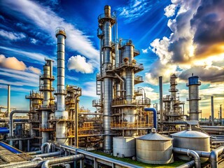 Macro Photography of Oil Refinery Plant with Storage Tanks and Steel Pipelines Against a Blue Sky and White Clouds, Showcasing Industrial Infrastructure and Energy Production