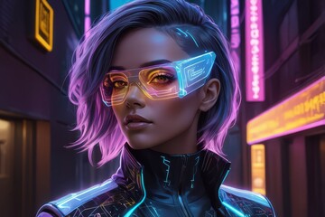 Futuristic woman with neon glasses in cyberpunk city.