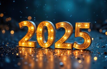 Close-up view of shimmering gold numbers 2025. Glitter accents digits. Numbers glow brightly in festive design. Glowing display set against dark background with bokeh lights. Celebratory, hopeful