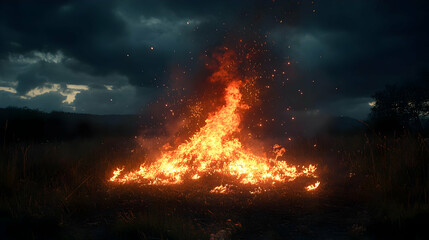 Fiery Blaze Burns Brightly Under Dark Skies