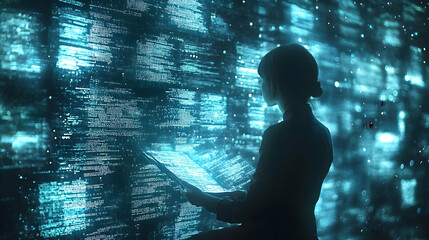 Woman Studying Digital Code: Exploring Data Streams & Algorithms