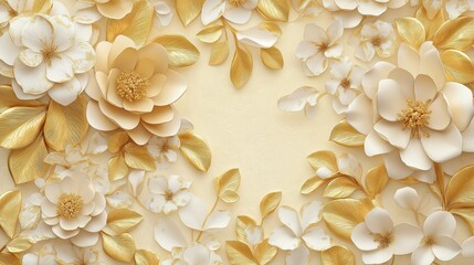 3D floral wallpaper design. Gold, cream flowers, leaves create luxurious backdrop. Intricate details of paper flowers, leaves shown in high quality. Ai-generated image suitable for interior design