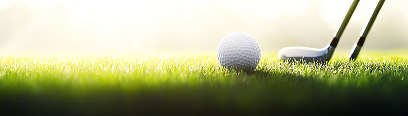 Close-up golf ball and club on vibrant grass in soft morning light, capturing the essence of the sport.