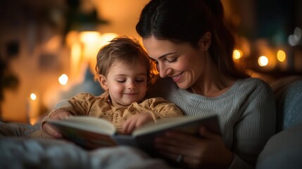 Parent tucking in child, holding a storybook, soft ambient light, peaceful smiles, relaxed family atmosphere, bedtime story parent, soothing bedtime routine
