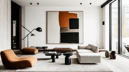 Modern minimalist living room with large abstract painting, stylish furniture, and floor lamp. Features include brown lounge chair, gray sofa, and large glass windows.