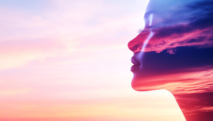 Naklejka premium Silhouette of a woman blending with colorful clouds at sunset, symbolizing inner peace and reflection.
