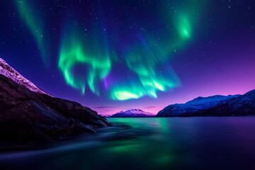 Naklejka premium Spectacular Northern Lights Over Snow Capped Mountains and Serene Lake at Night
