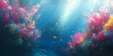 Fototapeta premium Vibrant Coral Reef Underwater Scene Colorful Fish Sunbeams Ocean Life Digital Art