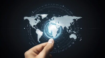A hand interacts with a digital world map interface, showcasing global connectivity and data visualization.