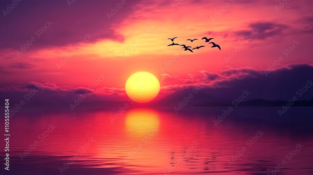 Poster 18. a beautiful sunset over a calm lake with lots of empty space in the middle for text
