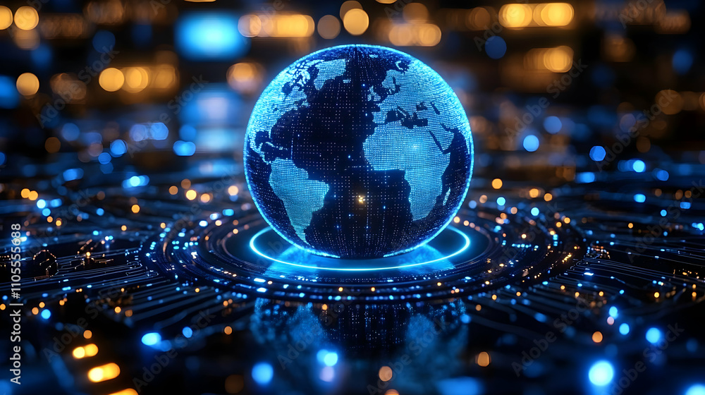 Poster global network: data flows across continents digitally, illuminating connections worldwide.