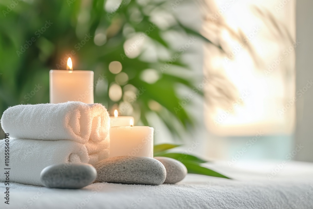 Poster relaxing atmosphere with candles and towels in a spa setting