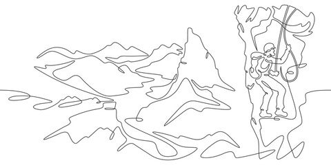 Continuous one line drawing rock climber on a rock. A climber climbs a rope over a cliff. Mountain landscape.One continuous line isolated minimal illustration.Not AI.