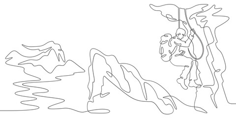 Continuous one line drawing rock climber on a rock. A climber climbs a rope over a cliff. Mountain landscape.One continuous line isolated minimal illustration.Not AI.