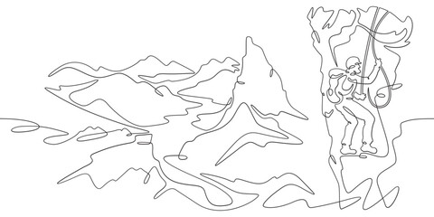 Continuous one line drawing rock climber on a rock. A climber climbs a rope over a cliff. Mountain landscape.One continuous line isolated minimal illustration.Not AI.