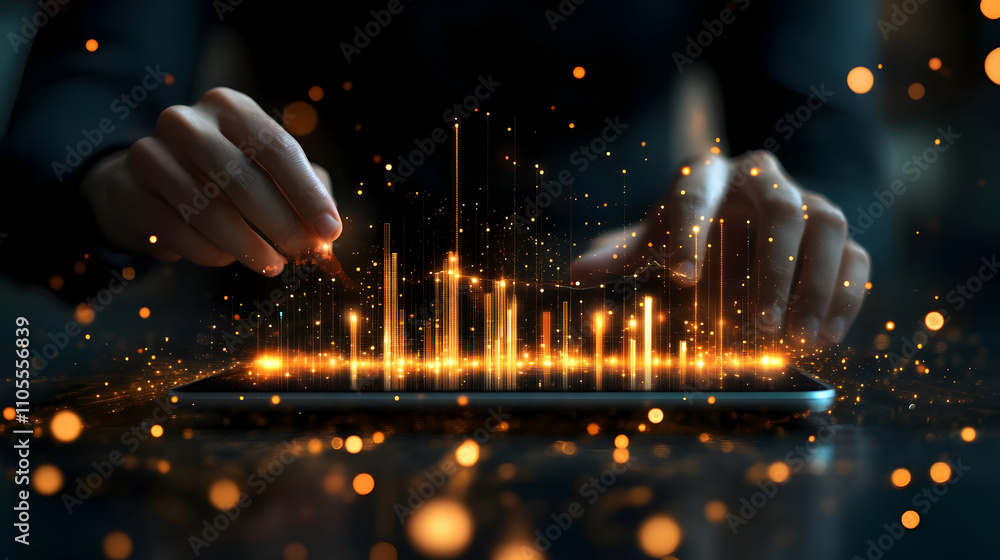 Poster analyzing data trends on tablet, visualizing growth strategically