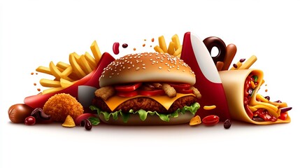 Mouthwatering Fast Food Feast: Burger, Fries, Burrito, and More!