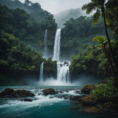 Fototapeta premium A majestic waterfall cascading down a cliff into a misty lagoon, surrounded by dense tropical forest.