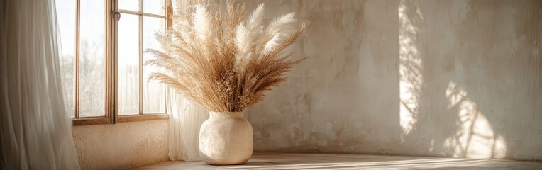 Elegant boho arch with pampas grass in soft natural lighting