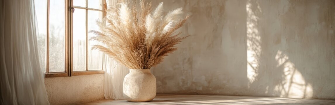 Elegant boho arch with pampas grass in soft natural lighting