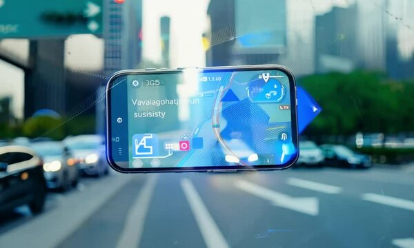 animated video showing the use of a smartphone as a vehicle navigation tool using GPS and smart navigation