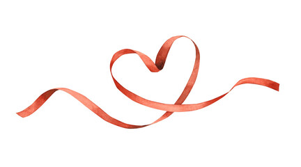Fototapeta premium Red satin silk ribbon arranged in the shape of a heart. Watercolor illustration hand-drawn on an isolated background. Suitable for design Birthday, wedding, Valentine's Day, invitations, cards