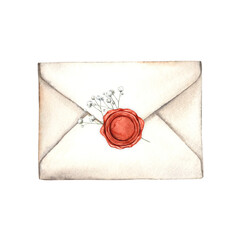 White envelope with red embossed seal and white gypsophila flower. Watercolor illustration in vintage style, for design of cards, invitations for birthday, wedding, Valentine's Day, anniversaries