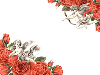 Cherubs, angels, cupids of love fly among red realistic roses. Watercolor illustration template with space for text, for design of postcards, invitations, banners for Valentine's Day and wedding