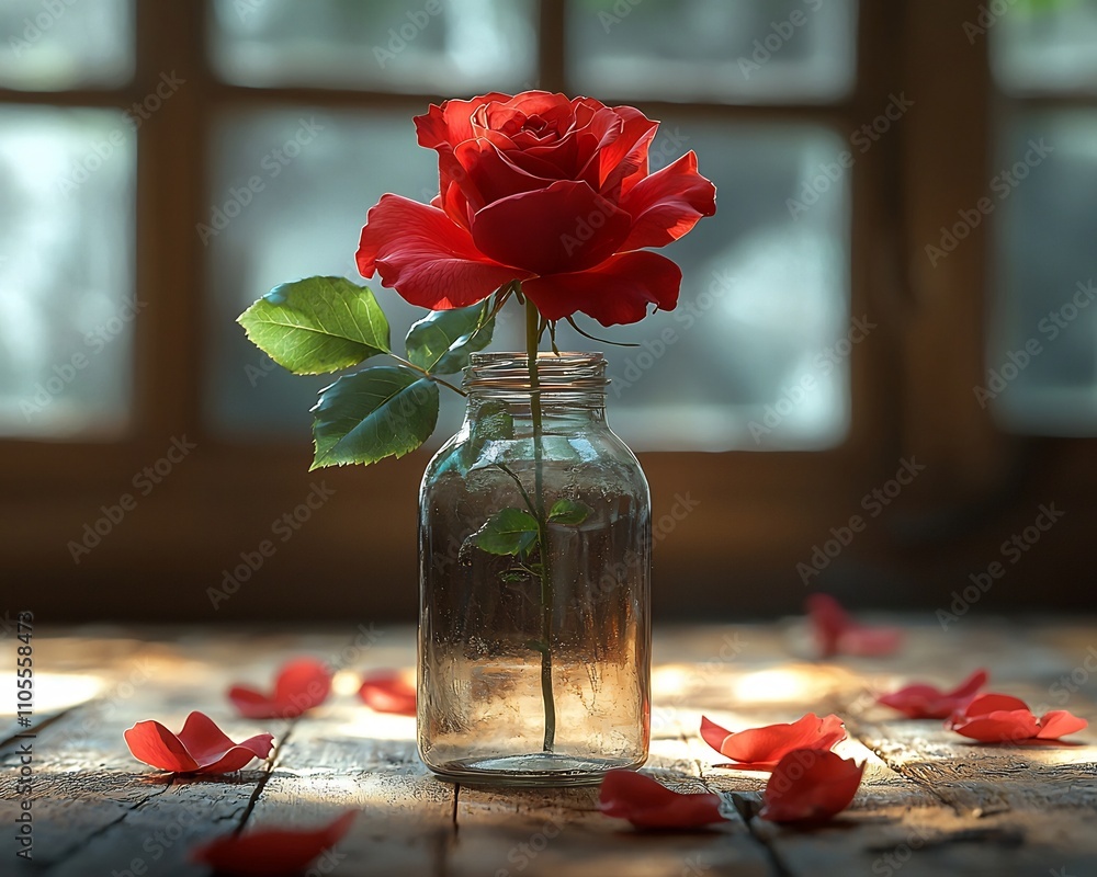 Aufkleber blooming red rose in glass jar with soft glowing light and falling petals representing fragile but e