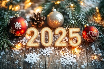 Glowing 2025 numbers surrounded by snowflakes, fir branches, and warm fairy lights on a rustic wooden background, evoking a cozy holiday atmosphere