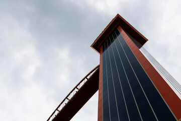 low-angle view of the elevator tower and bridge