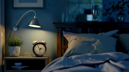 A serene bedroom with a cozy bed, softpillows, and dim lighting. A clock on thenightstand shows a late houremphasizing the importance of goodsleep habits. The room is quiet, with aslight blur on the e