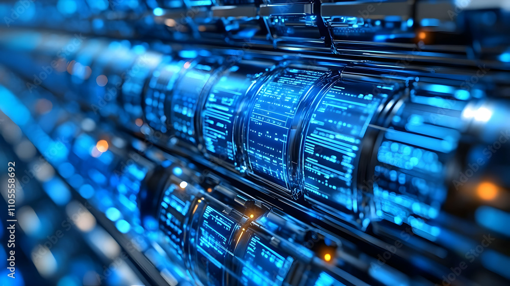 Poster digital data streams: processing & analyzing futuristic code, server room technology