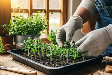Gardener Carefully Planting Seedlings In Tray