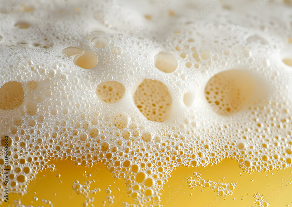 Aufkleber background of beer foam with small bubbles on the surface, close-up. the top part is filled with a w