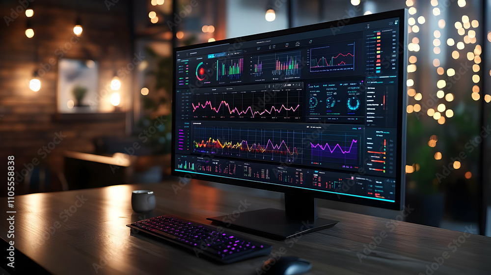 Poster analyze market trends: data visualization software displays charts and graphs efficiently at night