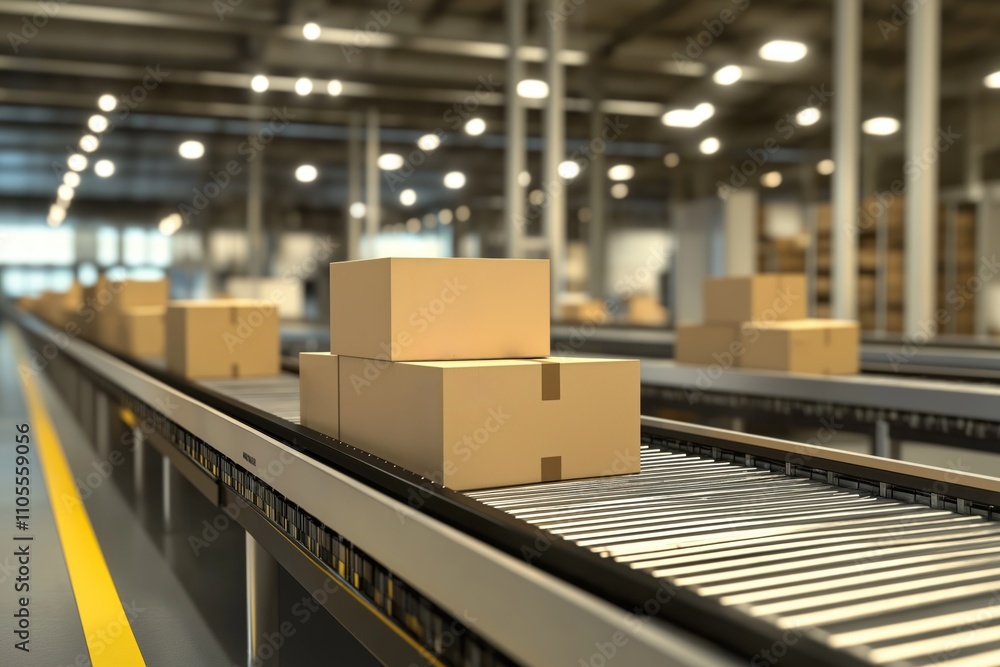 Poster Stacked cardboard boxes move on conveyor belt inside modern warehouse. Automated logistics system transports packages. Efficient order fulfillment process. Industrial setting with rows of packages on