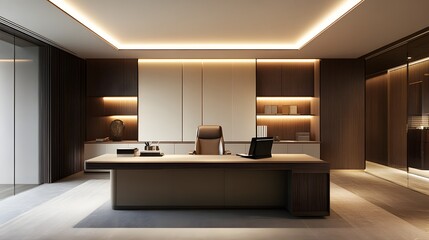 1. A clean, minimalist office desk with a spacious area in the center, a neutral background, and soft lighting