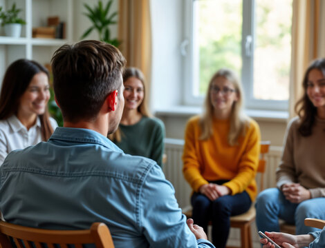 Group of people participate in group therapy session. Attendees sit in circle. People engage in discussion. Focus on support, recovery. Casual setting. Emphasis on mental health, community healing.