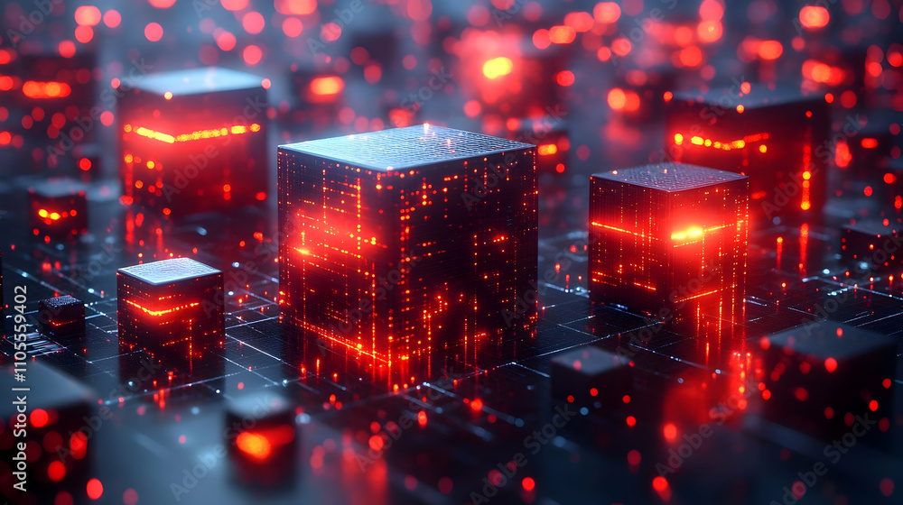 Poster glowing data cubes illuminate digital network, futuristic technology abstract