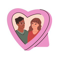 Pink heart shape photo frame with lovers. Valentines day concept. Hand drawing illustration