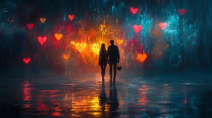 Fototapeta premium Ethereal Lovers Strolling Through Dreamlike Landscape Filled with Floating Hearts