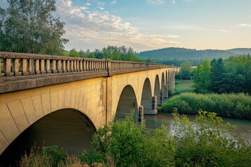 Sunrise over the historic stone bridge surrounded by lush greenery and tranquil waters