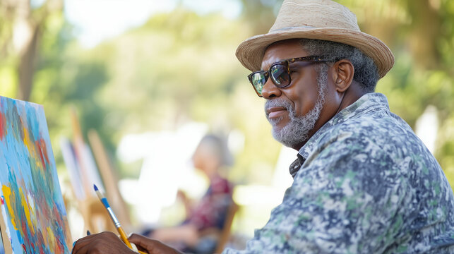 Elderly Black man painting outdoors during a vibrant art class in a serene setting, enjoying his creative expression and surroundings. Generative AI