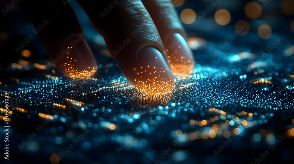 Poster fingers trace glowing data streams, futuristic interface