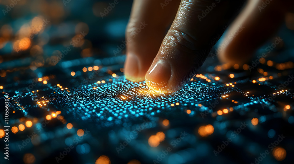 Poster fingers interact with glowing data network, digital future innovation