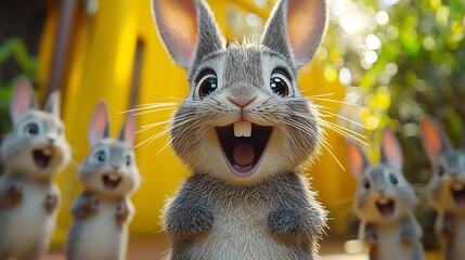 Fototapeta premium Joyful Cartoon Rabbit with Exaggerated Expression Against Vibrant Yellow Background